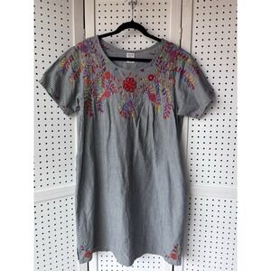 Abrazo Women's XL Embroidered Short SLV Striped Pocket‎ Cotton Knee Shift Dress